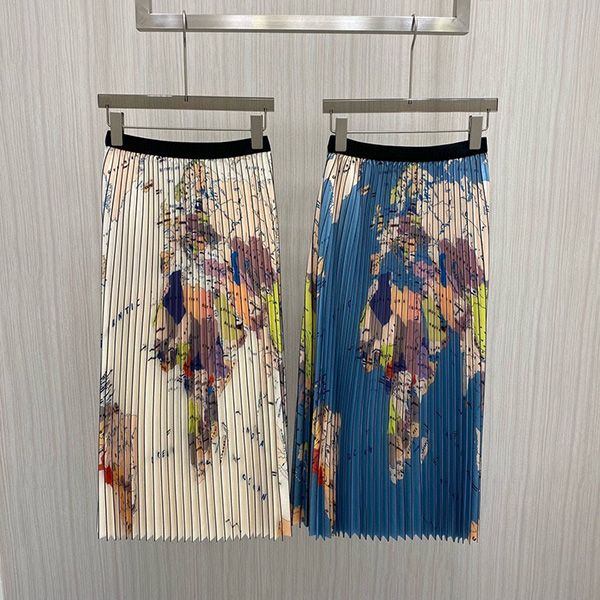 

2022 summer vintage colored hand-painted graffiti skirts women's elastic waist pleated high waist elegant long skirt world map, Black