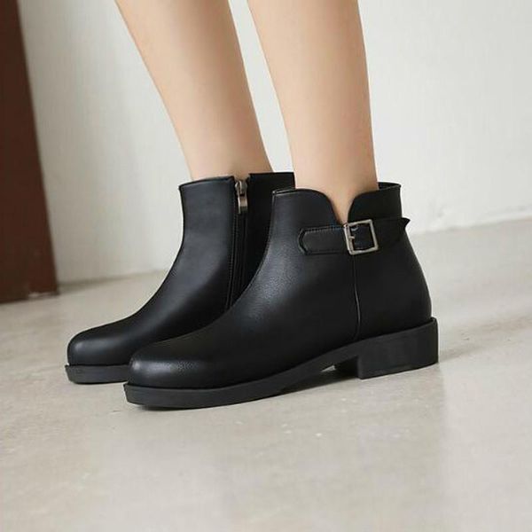 

women ankle boots low heels chaussure pu leather plus size autumn warm gladiator buckle shoes woman zapatos mujer sapato d2061, Black