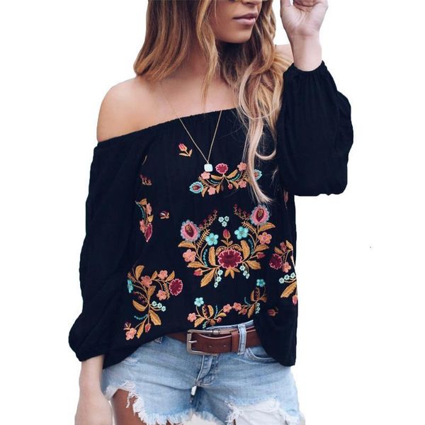 

vintage backless strapless off shoulder floral print embroider blouse black backless slash neck women blouses shirts s-2xl, White