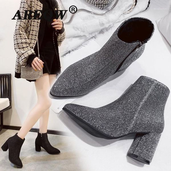 

bling bling sequin heel ankle boots for women rhinestone stretch short boots shiny slip-on winter1, Black
