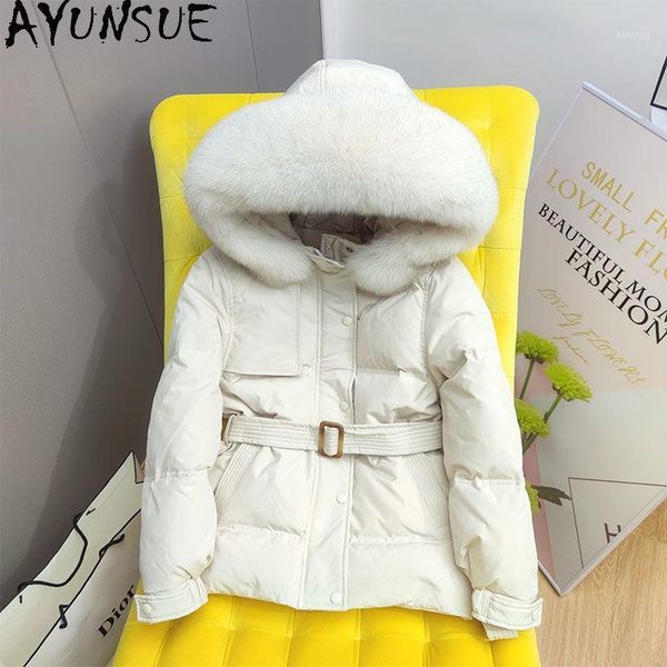 

ayunsue 90% white duck down jacket hooded winter coat female fur collar korean clothes puffer women's down jackets 2020 kj1, Black