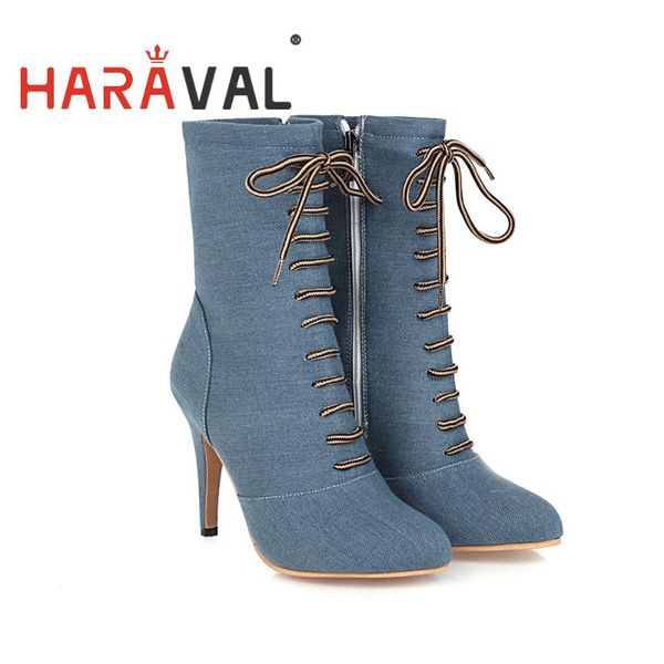 

haraval boots denim women ankle basic high heels pointed toe women blue cross-tied autumn winter fashion boots shoes e54l, Black