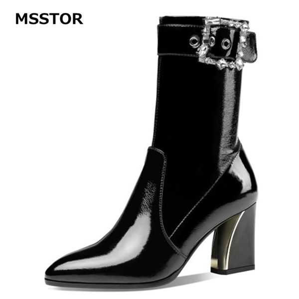 

buckle strap black boots women fashion thick heels party shoes for women heels pointed toe zipper winter boots