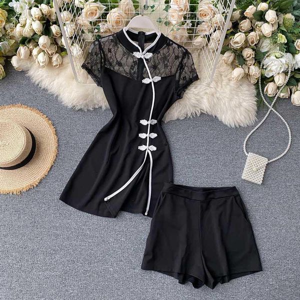 

set 2020 new female lace short-sleeved dress and shorts two-piece set retro buckles and short trousers1, White