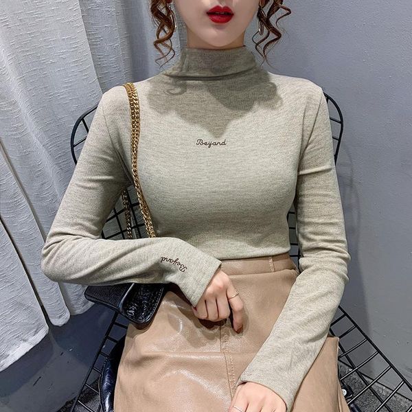 

women's polos 2021 winter european goods fleece half turtleneck bottoming shirt slim-fit letters embroidery long sleeve t-shirt, White