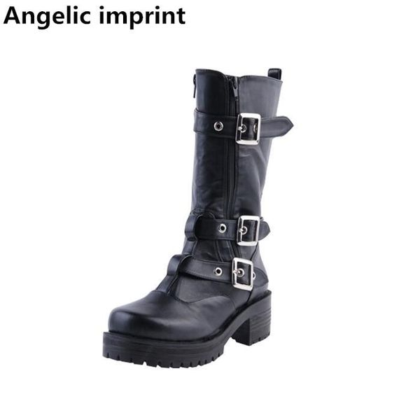 

angelic imprint new mori girl women motorcycle punk boots lady mid heels lolita shoes woman princess dress party pumps buckles, Black