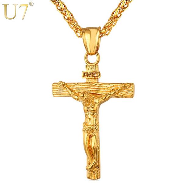

pendant necklaces u7 cross necklace inri crucifix jesus piece gold color stainless steel men chain catholic jewelry christmas gifts p624, Silver