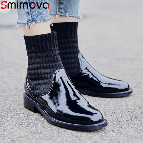 

boots smirnova size 34-40 ankle for women round toe slip on weave+cow leather square heels autumn winter, Black