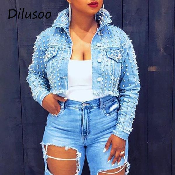 

dilusoo women rivet short denim jacket tassel winter loose coats woman pockets streetwear 2020 autumn short denim jackets coats, Black;brown