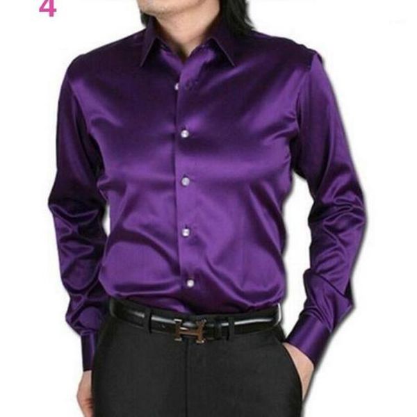 Camicie eleganti da uomo Camicia da uomo all'ingrosso Abiti casual personalizzati Raso di seta Manica lunga Stile moda Sposo Colore viola1