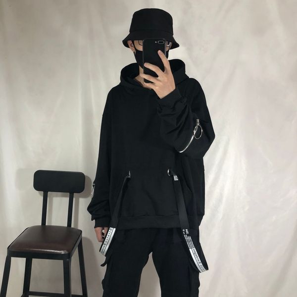 

personalized men's clothing autumn and winter new design ribbon bat sleeve loose hip hop pullover hooded sweater dark, Black