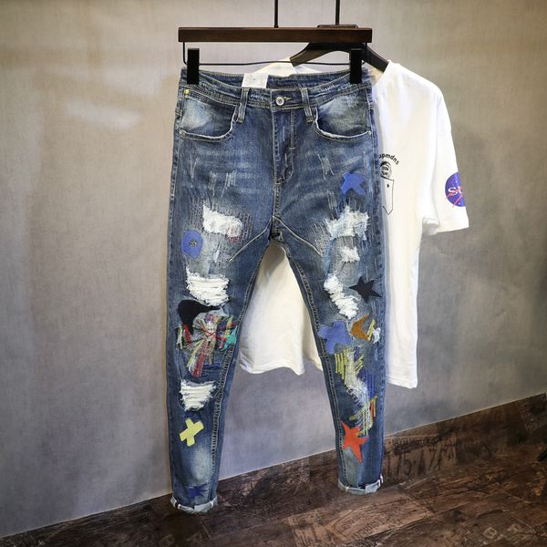 

2021 new american street style fashion elastic slim fit ripped men patches designer night club pencil pants hip hop jeans lciq, Blue