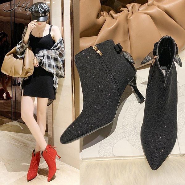

2020 apring autumn new short boots women's nude boots fashion pointed high heel stiletto women mid-tube plus velvet w434, Black