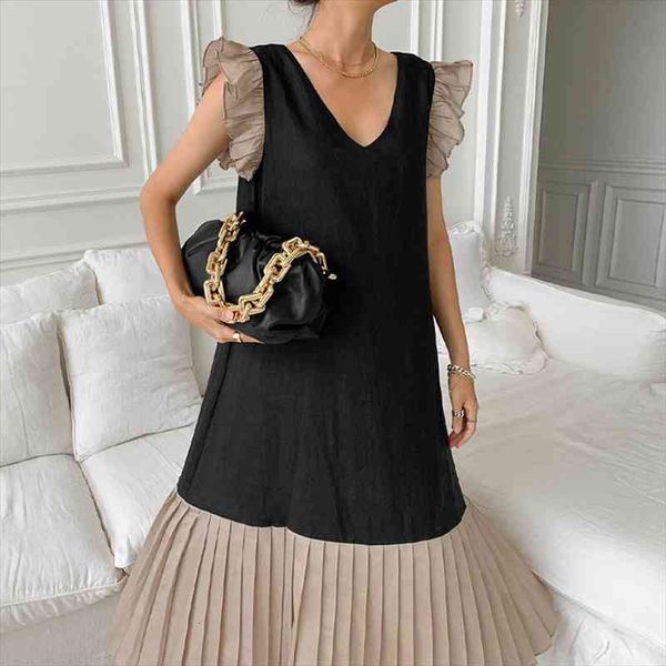 

[ewq] korea summer casual fashion v-neck double contrast color flying sleeves loose all match pleated dress women 16w1534, Black;gray