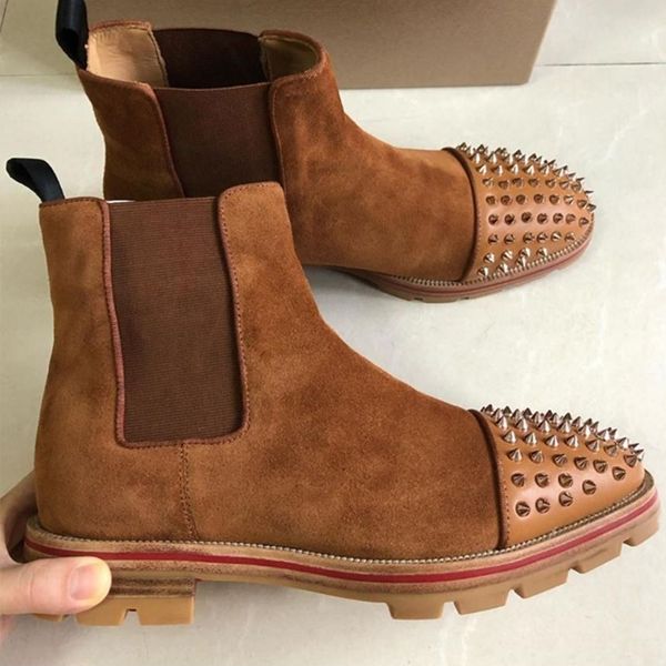 

2021 designer men ankle boots red bottom melon rivets boots black calfskin rubber lug sole mens classic casual booty party wedding shoes