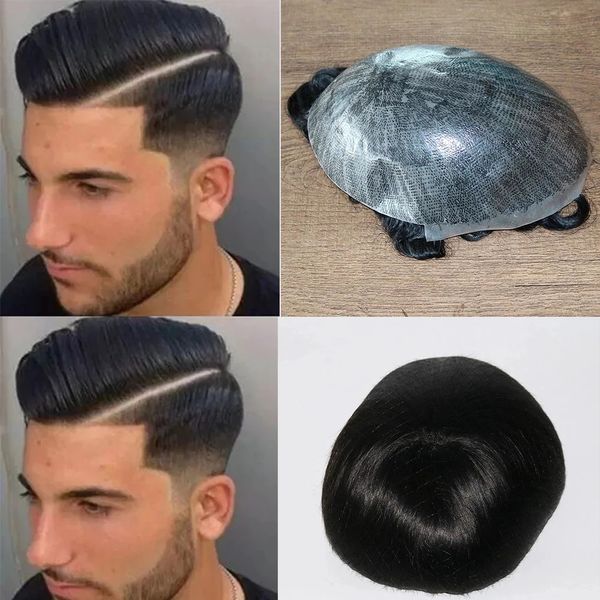 Toupee per capelli umani al 100% naturale dritto pelle sottile per parrucca da uomo durevole trasparente base in pelle PU # 1B sistema di sostituzione dei capelli da uomo