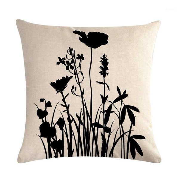 

black white plante pattern vintage linen throw pillow cushion cover car home sofa decorative pillowcase 45*45cm1