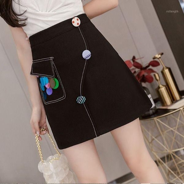 

women 2020 summer fashion slim high waist a line short skirts female sequin buttons mini skirt ladies chic all-match skirt y2121, Black
