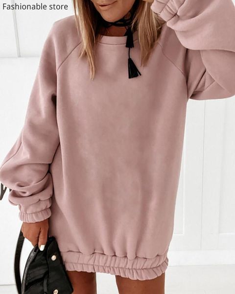 

women round neck long sleeve pullover hoodie winter autumn solid color casual loose warm long hoodies, Black
