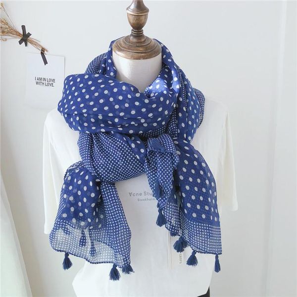 

2021 autumn women patchwork scarf dot printed hijabs wrap girl thin soft tassels bufanda, Blue;gray