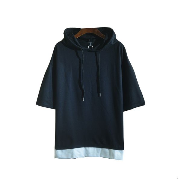 

mens drawstring hood tshirt plus size hip hop panelled short sleeve tees homme summer clothing, White;black
