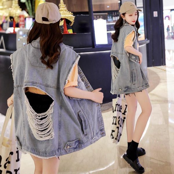 

punk oversize jeans vest women big hole sleeveless loose casual street wear denim jackets female vintage waistcoat 2020 autumn1, Black;white
