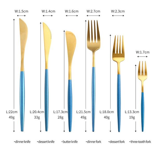 

blue gold steak knife fork coffee spoon teaspoon food tableware set noble western wedding party home upscale gold cut bbyruy