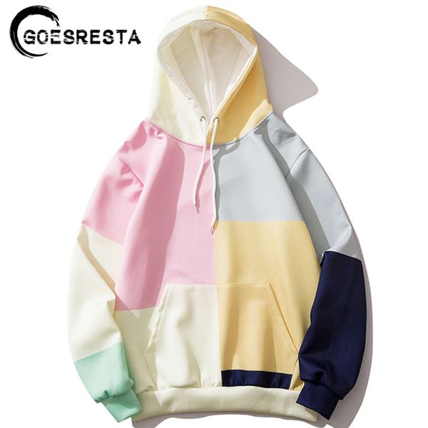 

goesresta hip hop hoodies oversized streetwear multi-color stitching casual pullover autumn men hooded sweatshirt