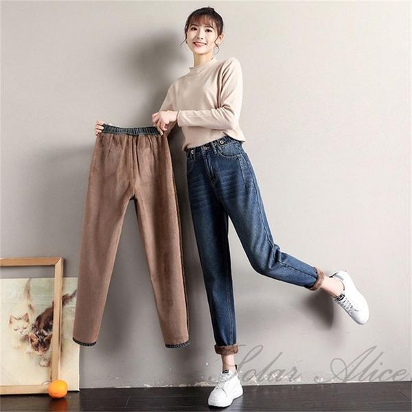 

women's jeans 2021 women's winter multi-button harem plus velvet thick loose casual pants1, Blue