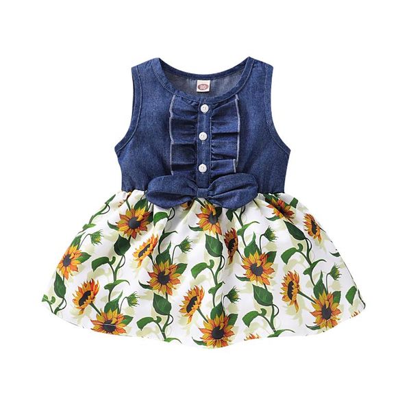 

girl's dresses kids baby girl dress floral denim bow sleeveless party summer casual sundress clothes 1-4y, Red;yellow