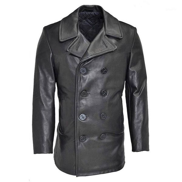 

read description asian size winter genuine cow leather jacket men's classic cowhide leather wind pea coat1, Black