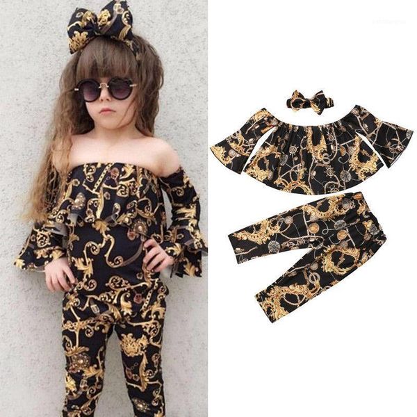 

clothing sets 2021 fashion 3pcs casual baby girl off-shoulder +loose pants leggings+headband summer clothes bell-bottomed pants1, White