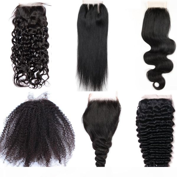 

brazilian virgin human hair 4x4 lace closure peruvian malaysian indian mongolian body wave straight loose deep kinky afro water closures, Black