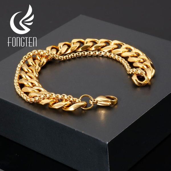 

fongten double layered link chain bracelet punk stainless steel curb chain adjustable fashion jewelry for men and women, Black