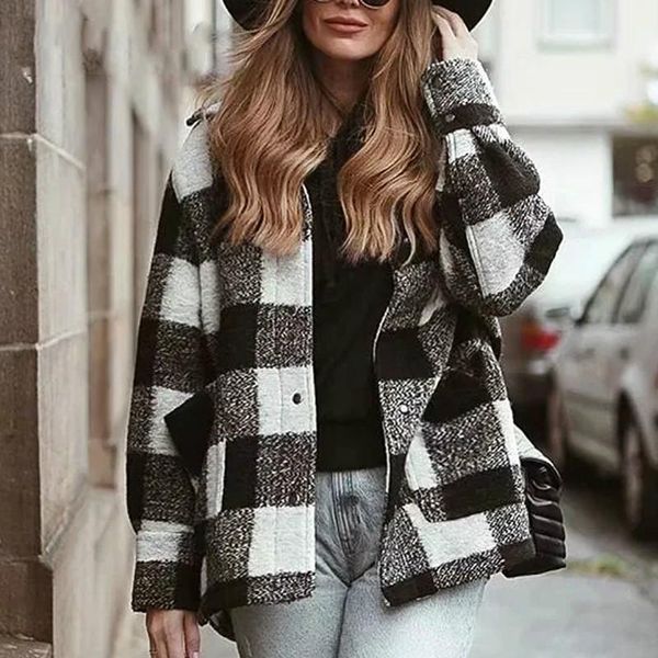 

women's wool & blends women woolen plaid coat 2021 autumn winter turn down collar thick warm jacket female casual pocket outerwear femm, Black