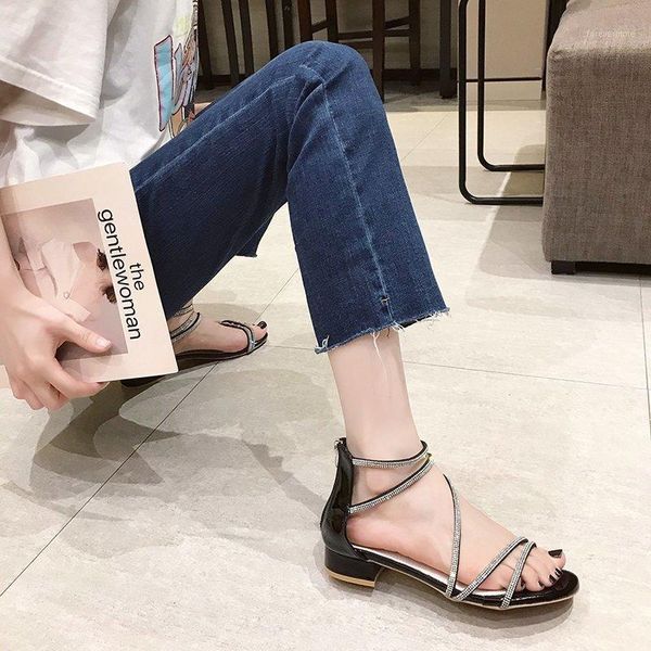 

sandals 2021 summer fashion rhinestone middle heel female wild thick fairy style word with roman x1531, Black