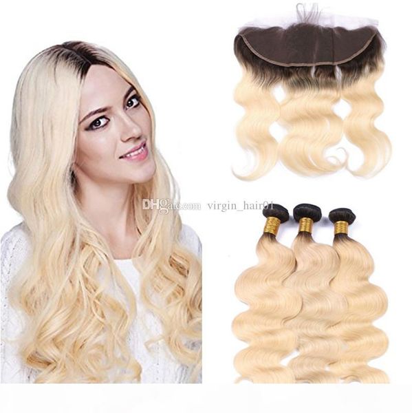 

#1b 613 peruvian body wave ombre 13x4 lace frontal closure with bundles 4pcs lot #1b blonde ombre virgin human hair weaves with frontal, Black;brown