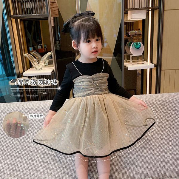 

temperament glittering powder mh skirt girl's 2021 spring super foreign sle children's fake two piece princs drs, Red;yellow