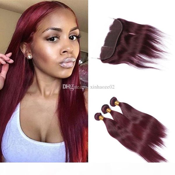 

new fashion style 99j color hair bundles with lace frontal burgundy brazilian virgin human hair weaves with lace frontal closure, Black;brown