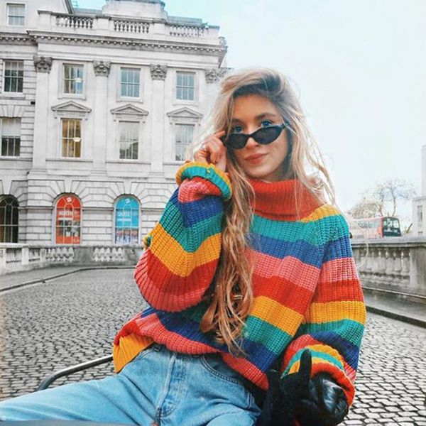 

средняя радуга водолазки свитера женские зима 2020 мгновение вязаная одежда мода полосатый негабаритная пуловер женская распродажа, White;black