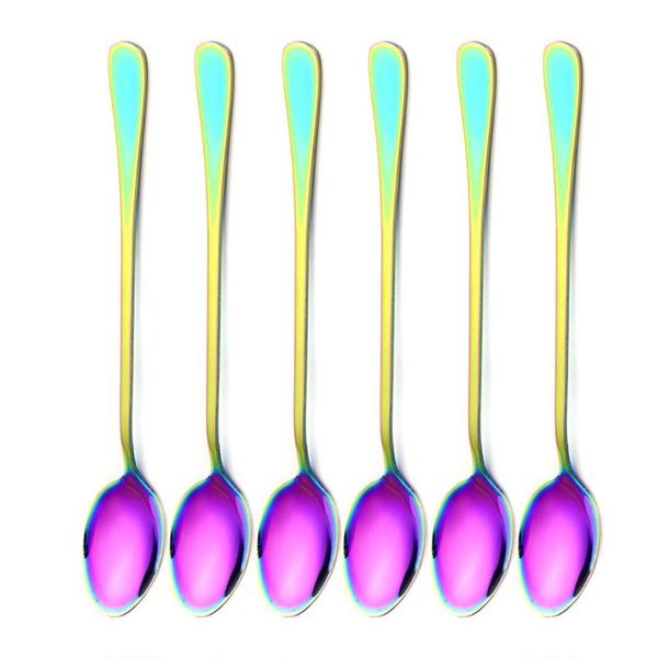 

6pcs/lot stainless steel long-handled spoon rainbow dessert ice cream coffee spoon stirring teaspoons coffee flatware set