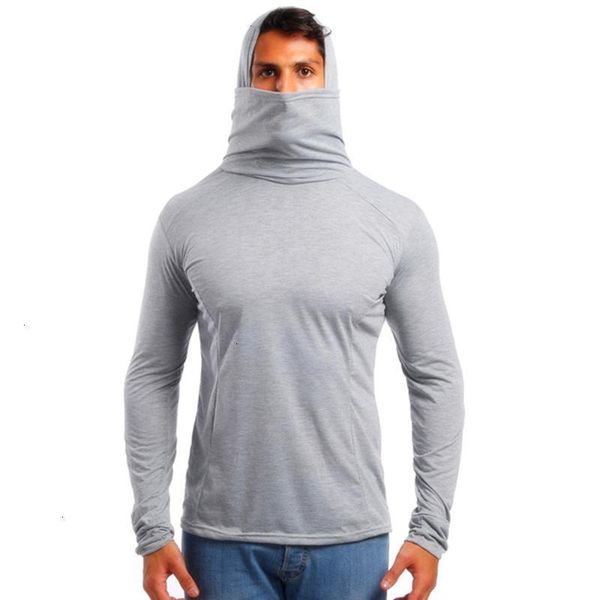 

fitness hood long mens sleeve tees elastic male mask t-shirts slim fit wholesale dropshipping