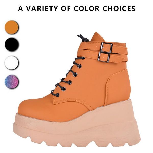 

2020 winter metal buckle ankel boots women punk female platform boots wedges high heels pu leather shoes botas mujer plus size43, Black
