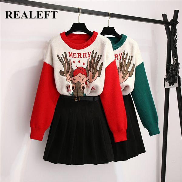 

realeft новые 2020 осень зима женщины cartoon printed рождество свитер с длинным рукавом chic пуловер женский сыпучие трикотаж верхняя одежд, White;black