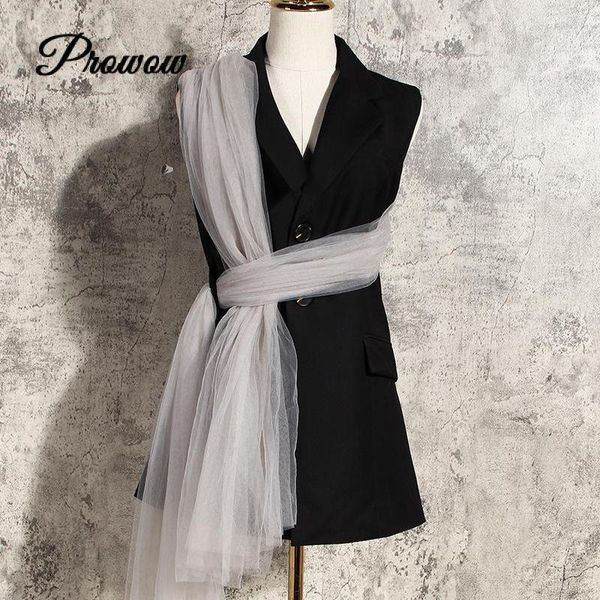 

brand design sleeveless suit vest clothing women autumn design mesh patchwork black coat luxury runway vestidos1, Black;white