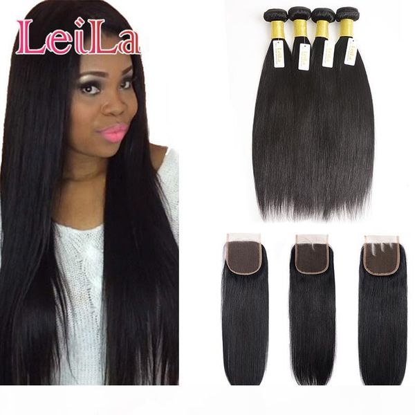 

indian virgin straight hair for 4 bundles with 4x4 lace closure silky unprocessed human hair 5pieces lot for full hair, Black;brown