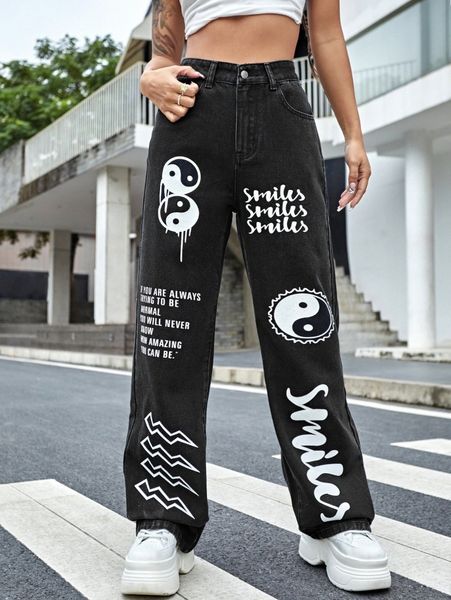 

yin & yang and slogan graphic jeans w0dl#, Blue