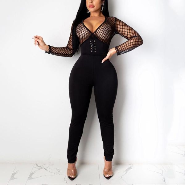 

women's jumpsuits & rompers for women 2021 party club black long sleeve mesh see through high waist skinny night evening, Black;white