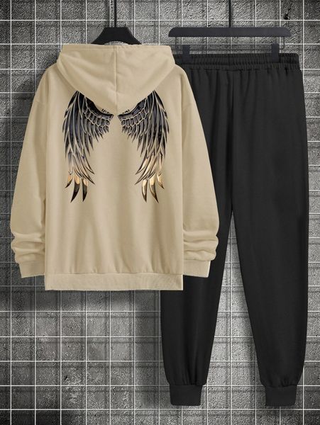 

men wings print kangaroo pocket drawstring hoodie & sweatpants y8og#, Gray