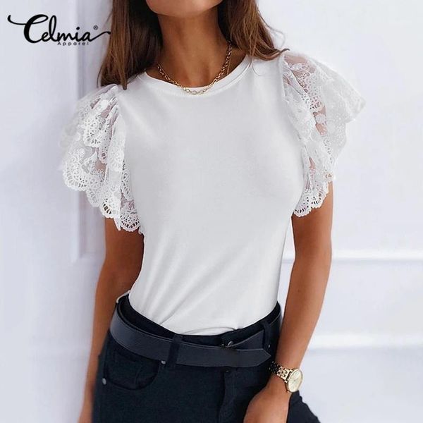 

5xl celmia women white ruffles lace blouses shirts 2020 summer short sleeve casual o-neck loose work ladies female blusas 71